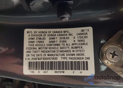 2013 Honda Civic Lx из США, поврежденный, VIN 2HGFB2F50DH572630